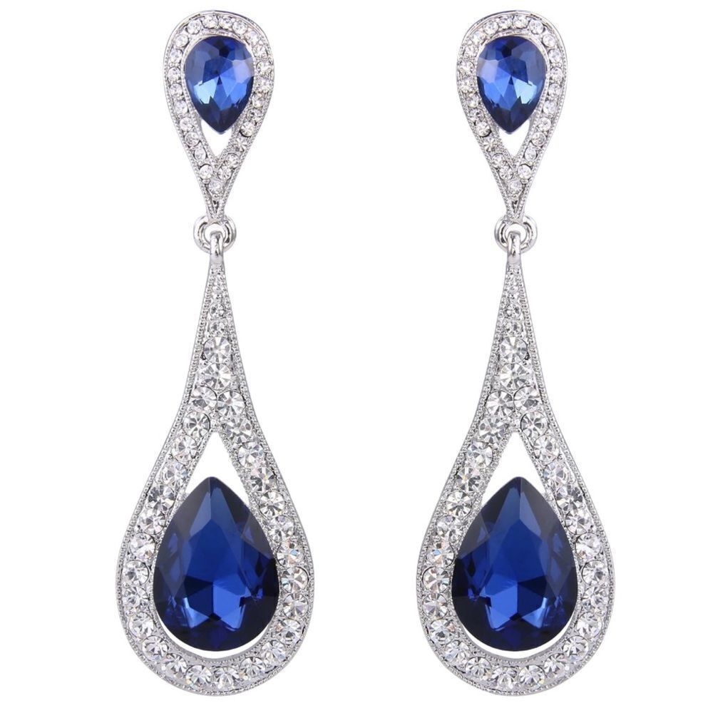 Silver with Blue Sapphire and Diamond Austrian Crystal Dual Teardrop Earrings